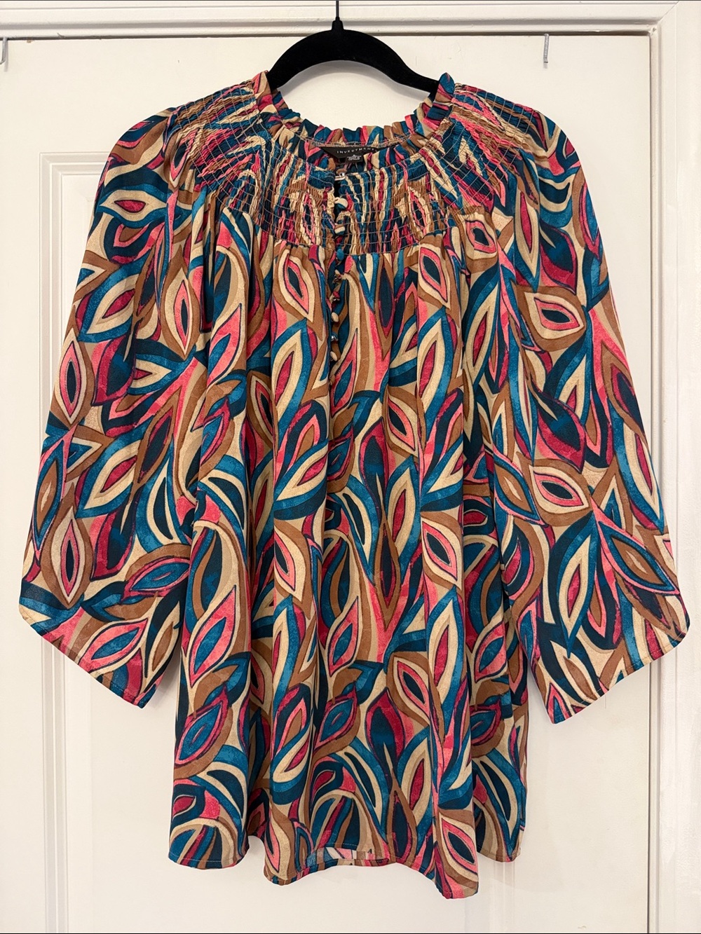 Investments Multicolor Leaf-Print Smocked Neck Blouse